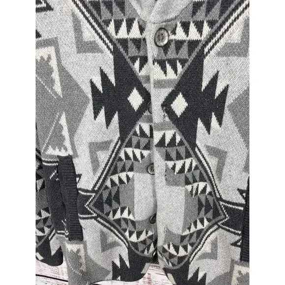 Womens American Rag Black Gray Aztec Southwest Western Print Sweater Cardigan M - Picture 2 of 5